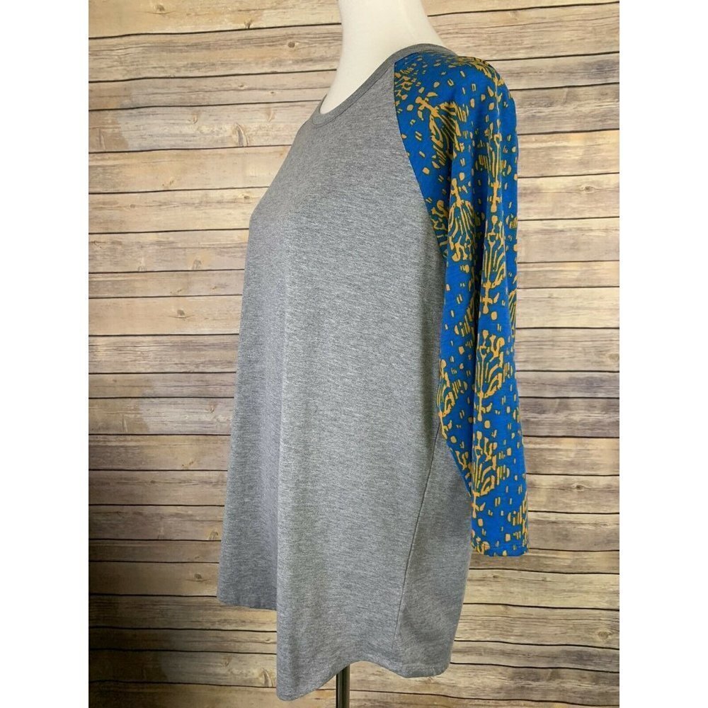 Lularoe Plus 2X Randy Raglan Gray Rounded Hem Blue - Picture 3 of 9